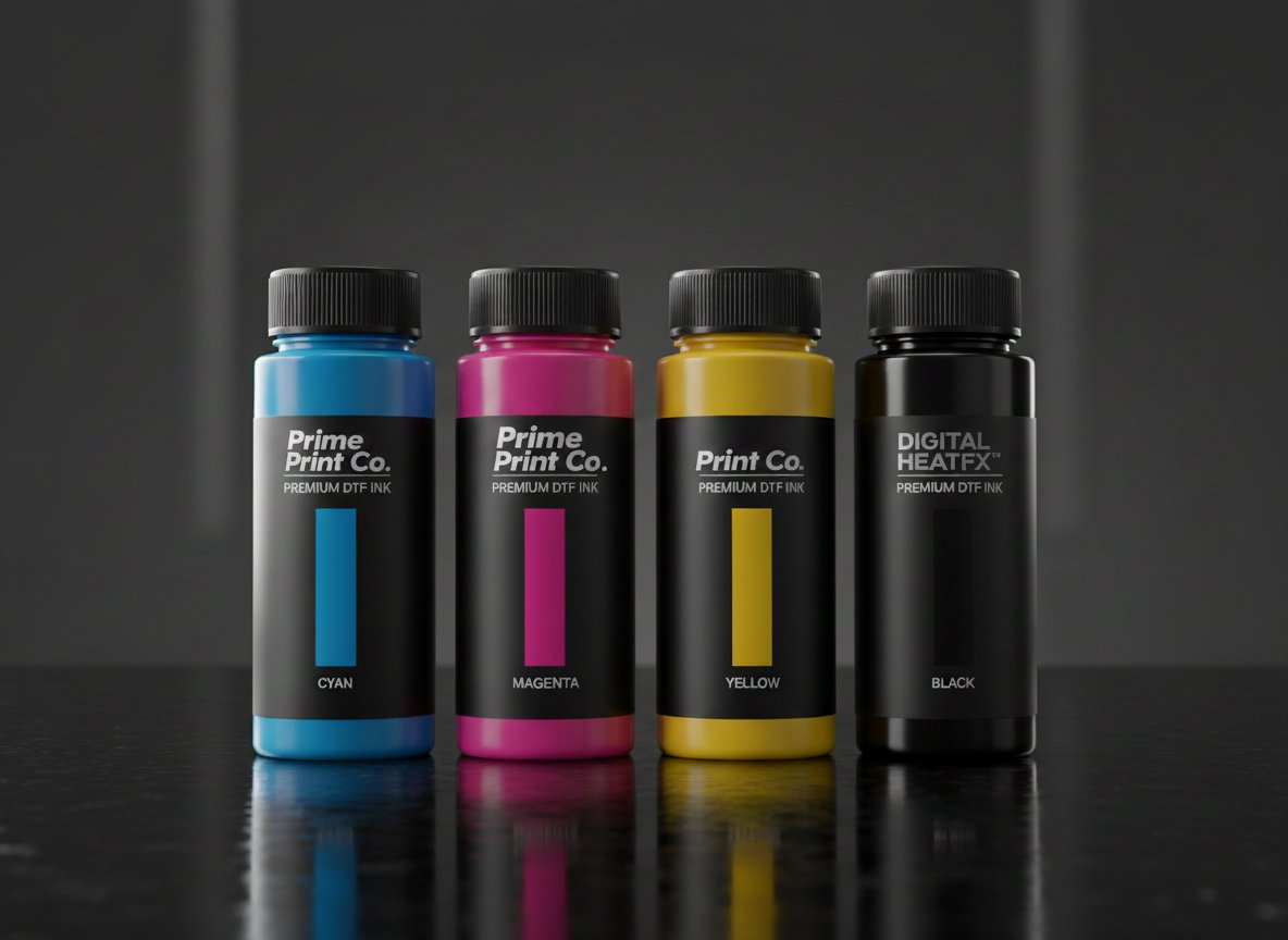 Prime Print Co premium DTF ink bottles — cyan, magenta, yellow, black